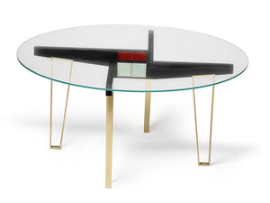 Modern oval glass coffee table with white and black tiers and gold legs
