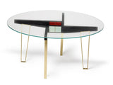 Modern oval glass coffee table with white and black tiers and gold legs
