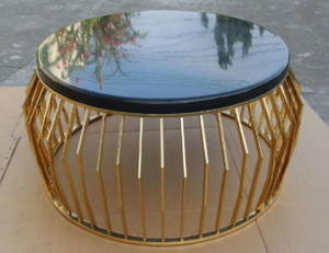 Modern Round Table with Gold Frame and Black Glass Top
