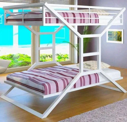 Geometric Modern White Twin Over Full Metal Bunk Bed