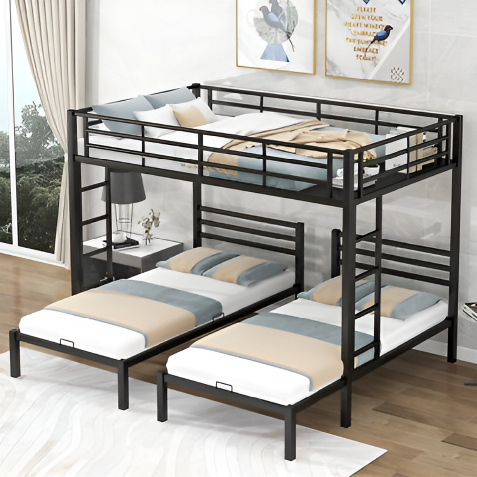 Modern Metal Bunk Bed with Double Bottom & Single Top