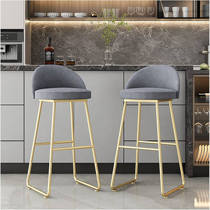 Grey Velvet Bar Stools with Golden Metal Legs – Modern Luxury Kitchen & Counter Chairs (Set of 2)