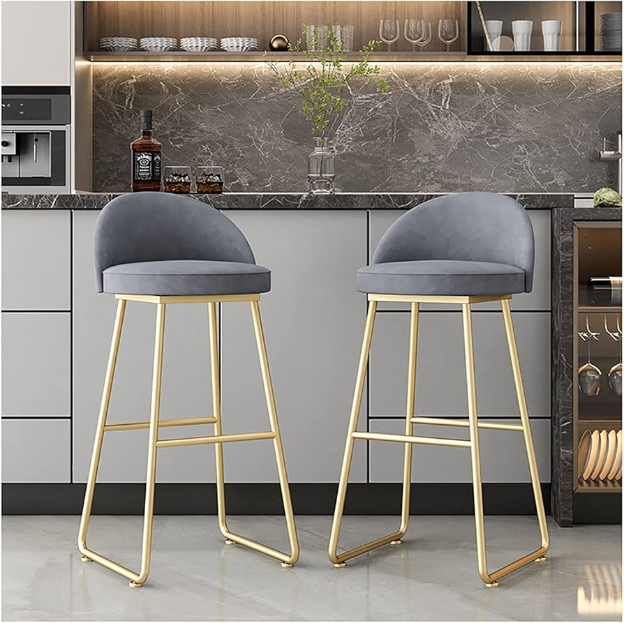 Grey Velvet Bar Stools with Golden Metal Legs – Modern Luxury Kitchen & Counter Chairs (Set of 2)