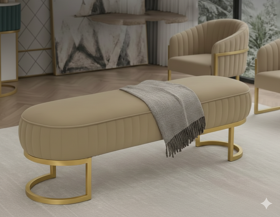Luxury Upholstered Bench with Gold Metal Legs – Modern Beige Ottoman