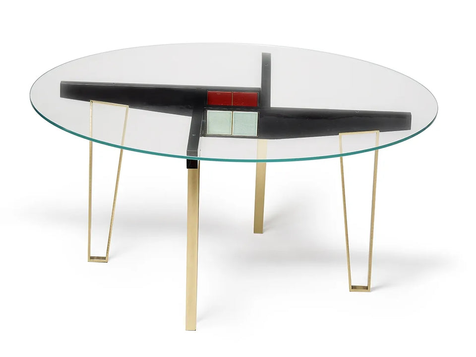 Modern oval glass coffee table with white and black tiers and gold legs