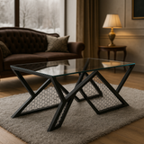 Modern Glass Coffee Table with Black Metal Geometric Base