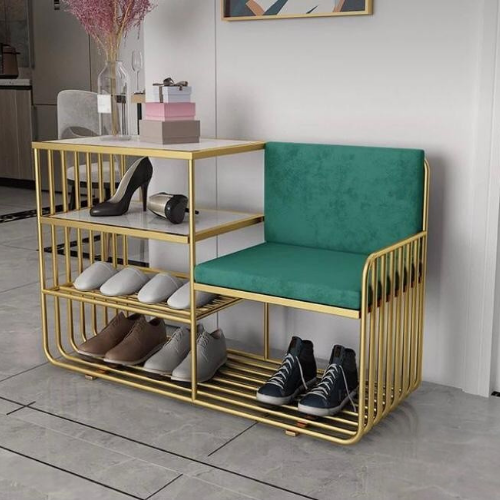 Modern Gold Shoe Rack Bench with Cushion Seat