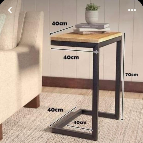 C-Shaped Sofa Side Table with Wooden Top & Metal Frame