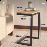 C-Shaped Sofa Side Table with Wooden Top & Metal Frame