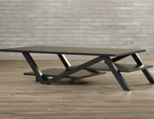 Modern Dark Wood Table with Geometric Black Base
