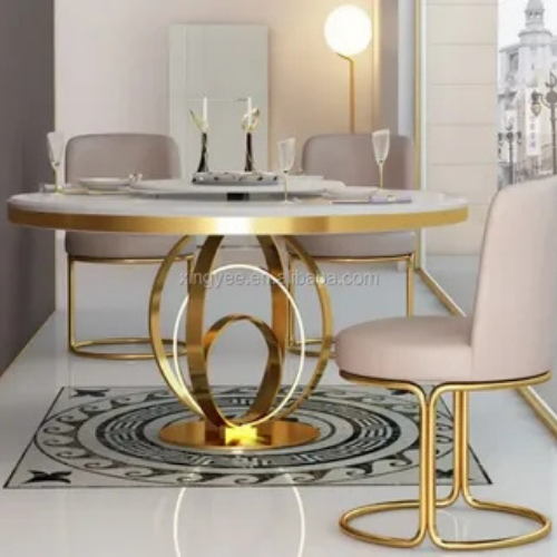 Elegant Round Glass Dining Table with Gold Metal Base