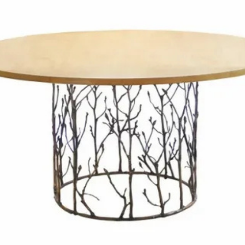 Modern Round Wooden Top Table with Decorative Metal Base