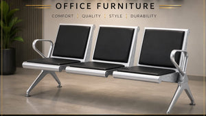Modern 3-seater office waiting bench with black cushioned seats and silver frame
