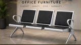 Modern 3-seater office waiting bench with black cushioned seats and silver frame