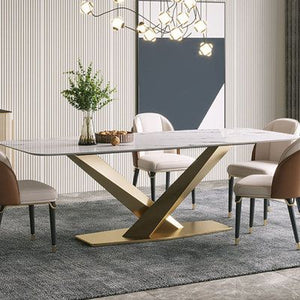Luxury Rectangular Dining Table | Faux Marble Top & Geometric Gold X-Base