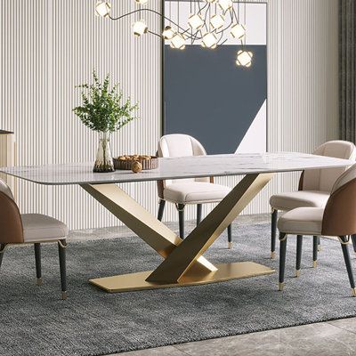 Luxury Rectangular Dining Table | Faux Marble Top & Geometric Gold X-Base