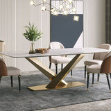 Luxury Rectangular Dining Table | Faux Marble Top & Geometric Gold X-Base