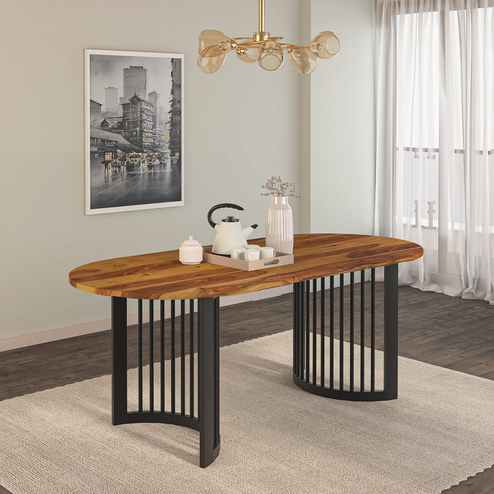 Modern Oval Sheesham Wood Dining Table | Industrial Black Metal Base