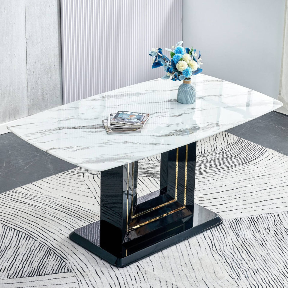 Luxury Rectangular Dining Table | White Marble Top & Black Pedestal Base with Gold Accents