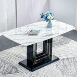 Luxury Rectangular Dining Table | White Marble Top & Black Pedestal Base with Gold Accents