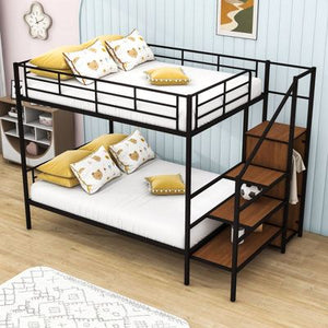 Space-Saving Bunk Bed Frame with Integrated Staircase & Storage Shelves | Metal & Wood