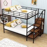 Space-Saving Bunk Bed Frame with Integrated Staircase & Storage Shelves | Metal & Wood