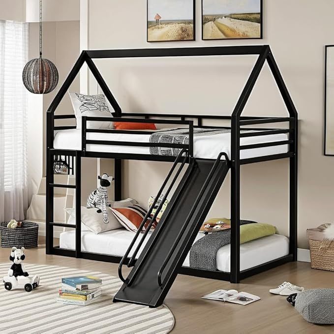 Fun House-Shaped Bunk Bed Frame with Slide & Ladder | Twin-Over-Twin Metal Design