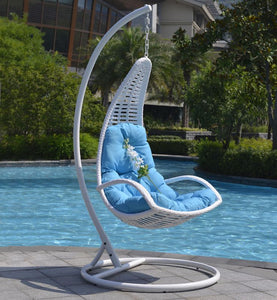 Luxury White Wicker Hanging Egg Chair with Stand | Vibrant Blue Cushion
