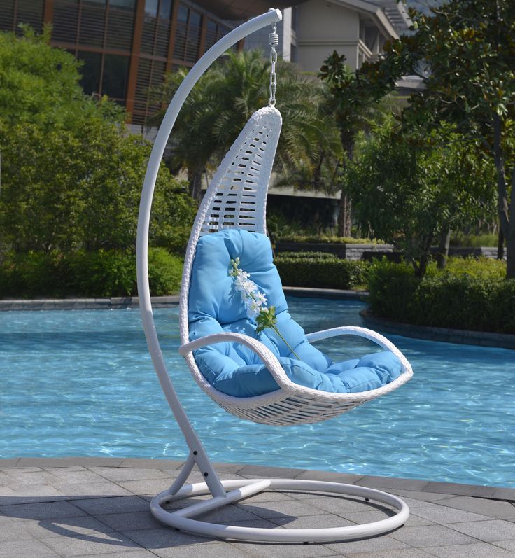 Luxury White Wicker Hanging Egg Chair with Stand | Vibrant Blue Cushion