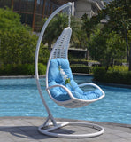Luxury White Wicker Hanging Egg Chair with Stand | Vibrant Blue Cushion