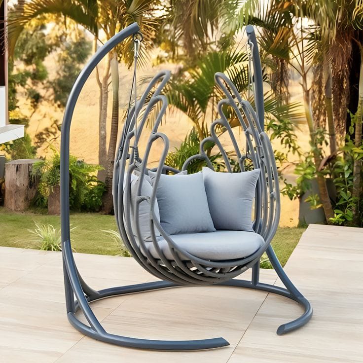 Contemporary Outdoor Hanging Egg Chair | Gray Swing Chair with Stand and Cushions