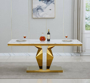 Luxury Rectangular Marble Dining Table with Diamond-Cut Gold Base – Modern Elegant Design