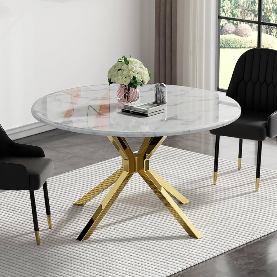 Luxury Round Marble Dining Table with Gold Stainless Steel Base – Modern Elegant Design