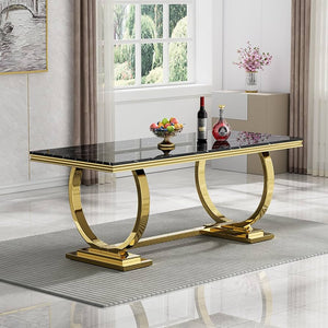 Glamorous Black Faux Marble Dining Table | High-Polish Gold Crescent Bases