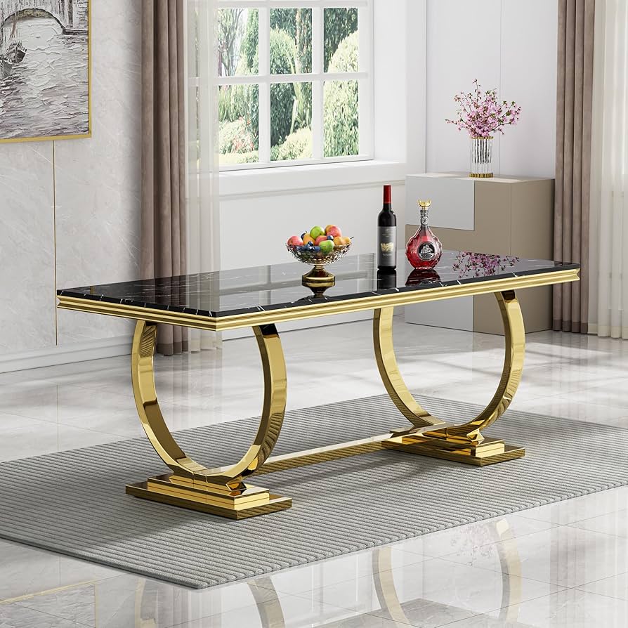 Glamorous Black Faux Marble Dining Table | High-Polish Gold Crescent Bases