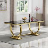 Glamorous Black Faux Marble Dining Table | High-Polish Gold Crescent Bases
