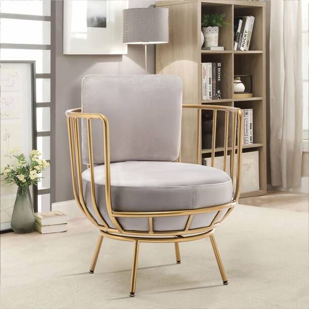 Modern Glam Cage Accent Chair | Gray Velvet & Gold Metal Frame