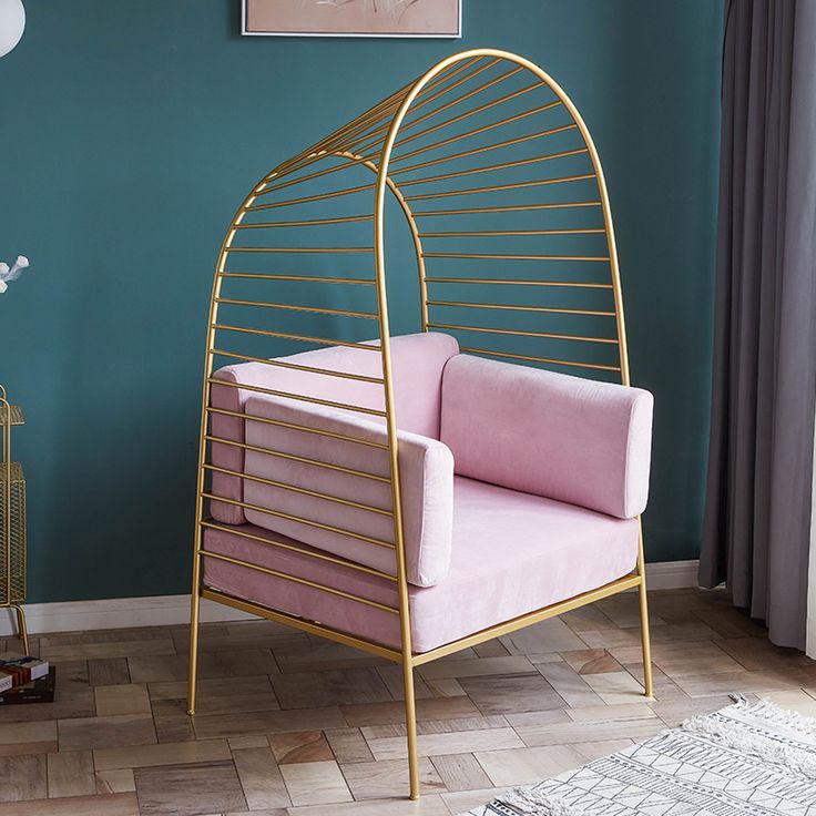 Luxury Pink Velvet Canopy Armchair | Gold Metal Frame & Architectural Design