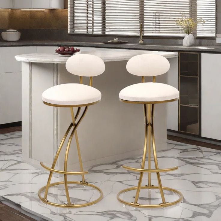 Set of 2 Glam White Velvet Bar Stools | Gold Metal Base & Round Backs
