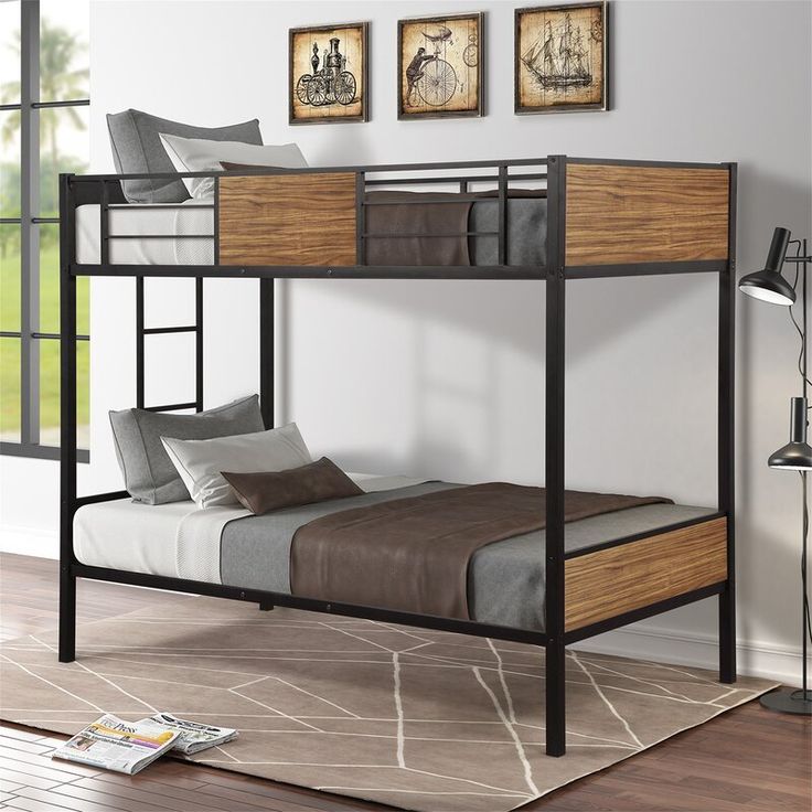 Modern Metal Bunk Bed Frame | Twin-Over-Twin with Rustic Wood Grain Panels