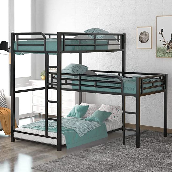 Heavy-Duty L-Shaped Triple Bunk Bed Frame | Metal Corner Design | 3 Sleeping Areas