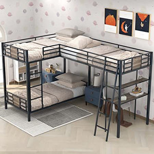 L-Shaped Triple Bunk Bed Frame | Built-in Desk & Shelves | Corner Space Saver