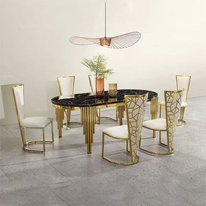 High-End 7-Piece Oval Dining Set | Black Marble Top, Gold Frame & 6 Glam Chairs