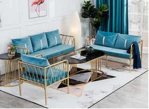Luxury 6-Piece Teal Velvet Sofa Set | Gold Geometric Frame & Coffee Table