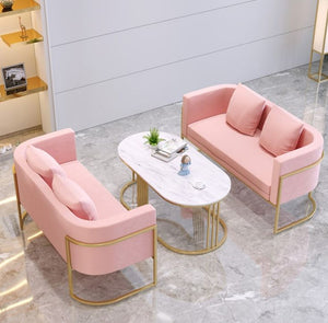 Chic Pink Velvet Mini Sofa Set with Gold Frame | Marble Coffee Table