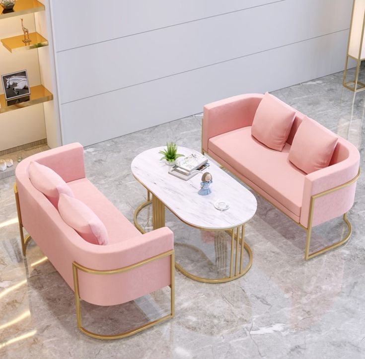 Chic Pink Velvet Mini Sofa Set with Gold Frame | Marble Coffee Table