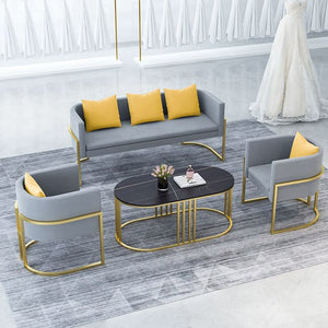 Modern 4-Piece Gold Frame Sofa Set | Velvet Grey & Yellow Accent