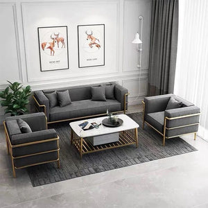 Modern 4-Piece Grey Velvet Sofa Set | Gold Tubular Frame & Marble Coffee Table