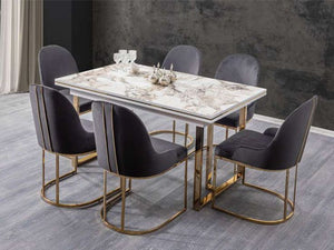 7-Piece Luxury Dining Set | White Marble Top, Gold Base & 6 Grey Velvet Chairs