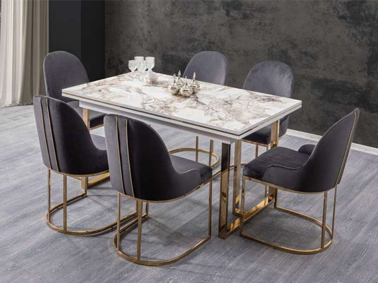 7-Piece Luxury Dining Set | White Marble Top, Gold Base & 6 Grey Velvet Chairs
